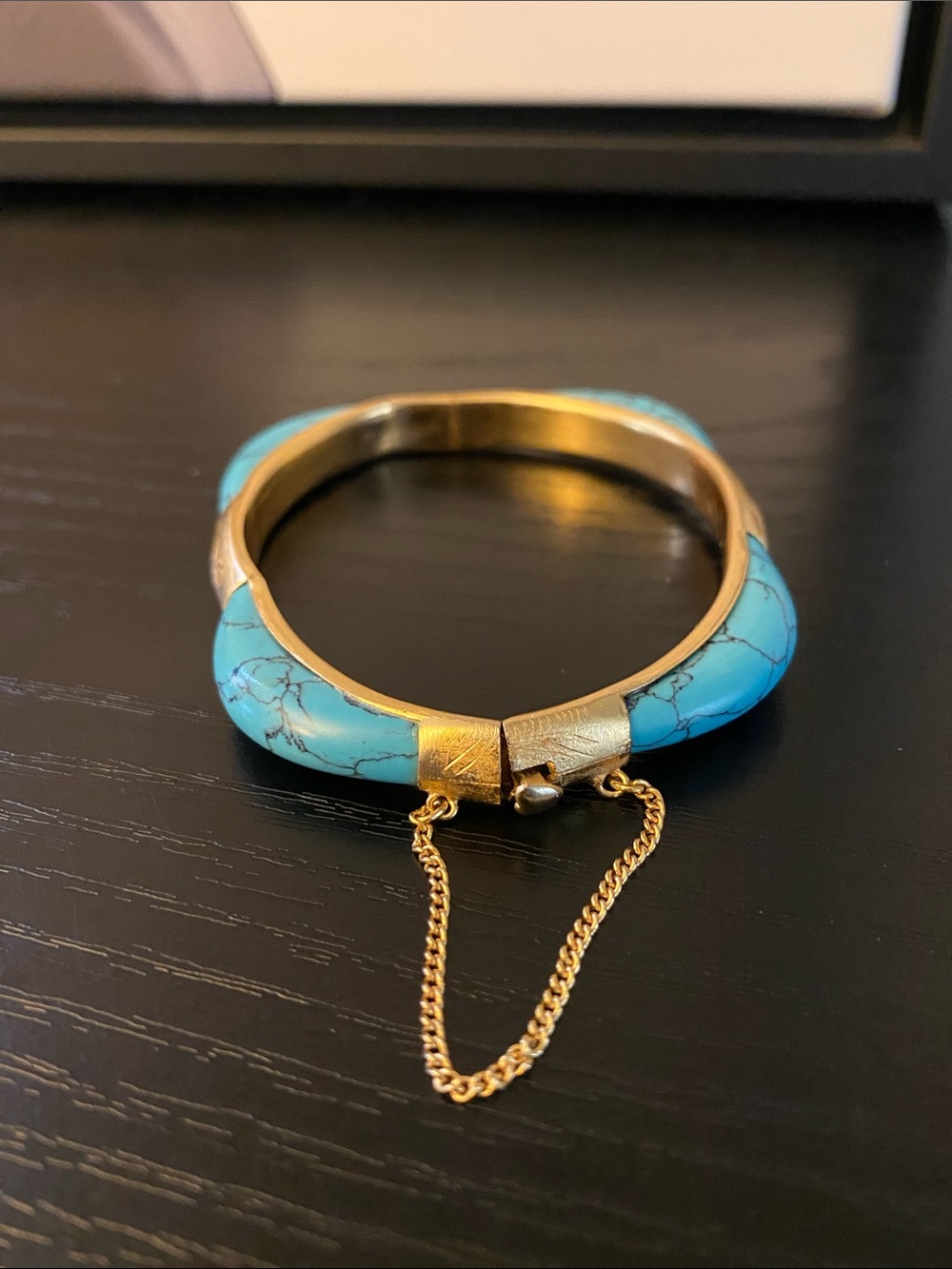 Vintage 60’s Faux Turquoise and Gold Tone Bangle Bracelet - Picture 6 of 7